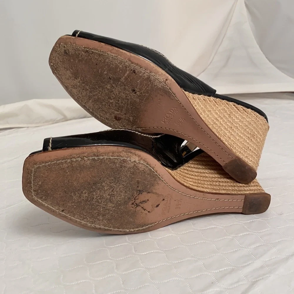Prada open toe patent leather espadrille wedges